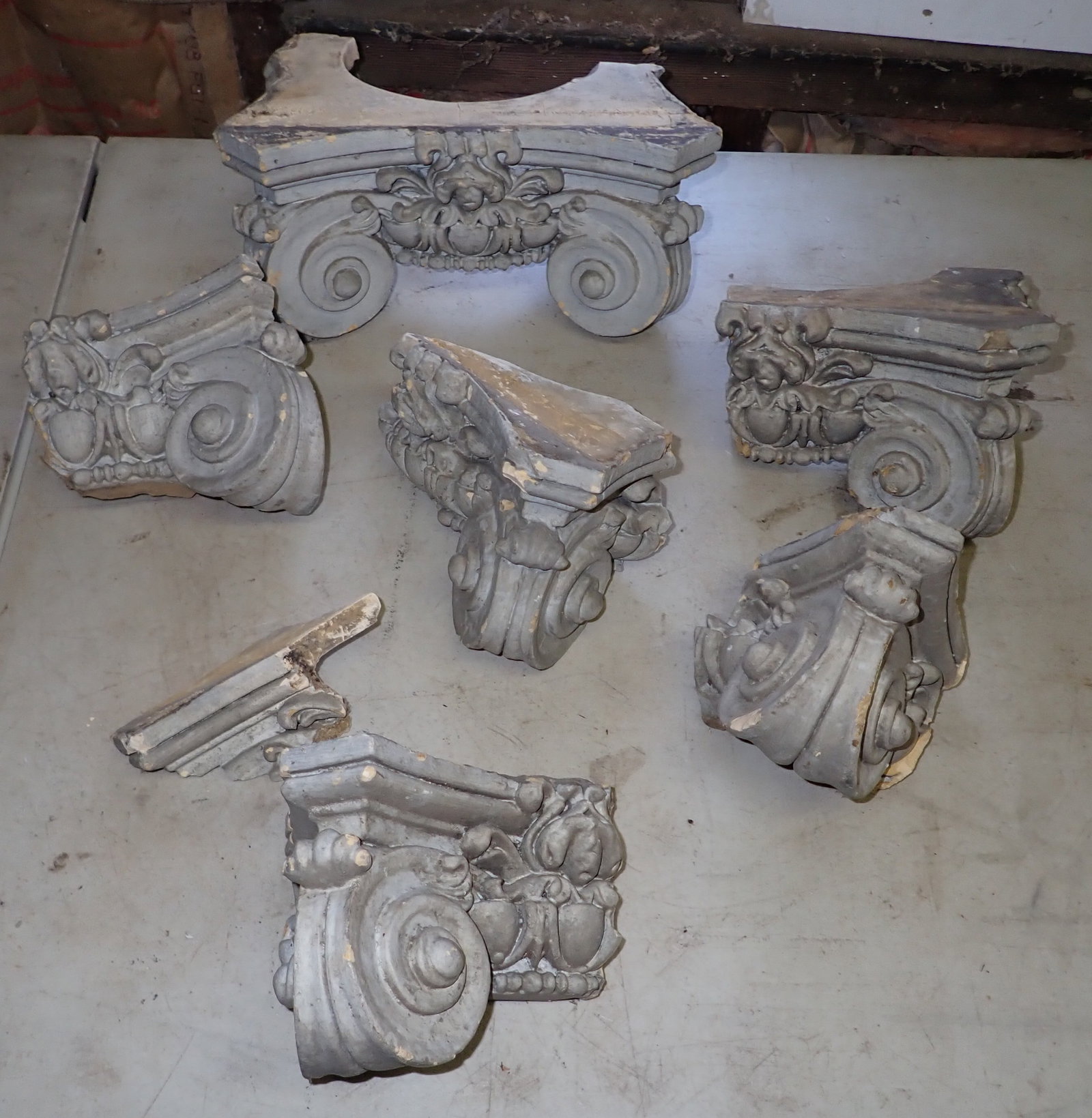 Plaster Architectural Pieces: Largest piece is apprx 7 5/8" x 12" x 6". NO SHIPPING !