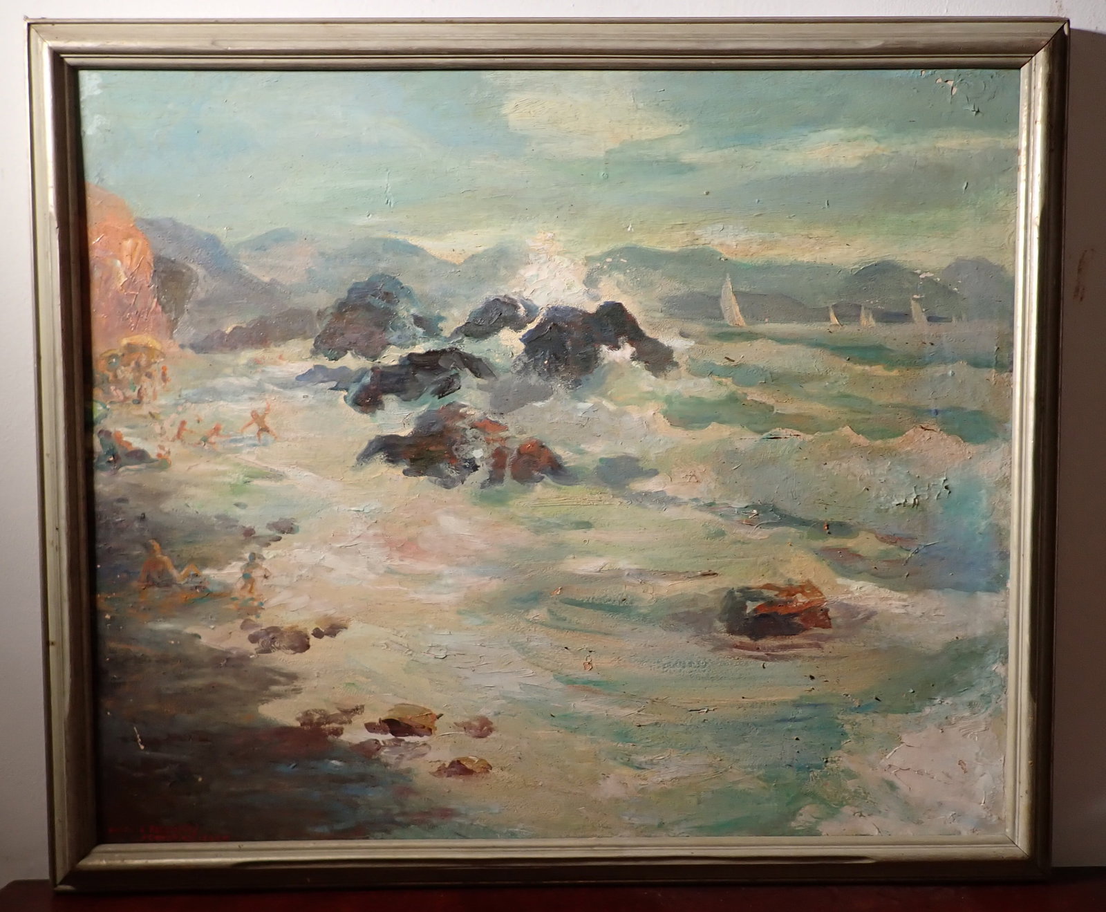 Harry Bressler Rocky Beach Portofino Painting: Framed oil on board is apprx 34" x 39 1/2".