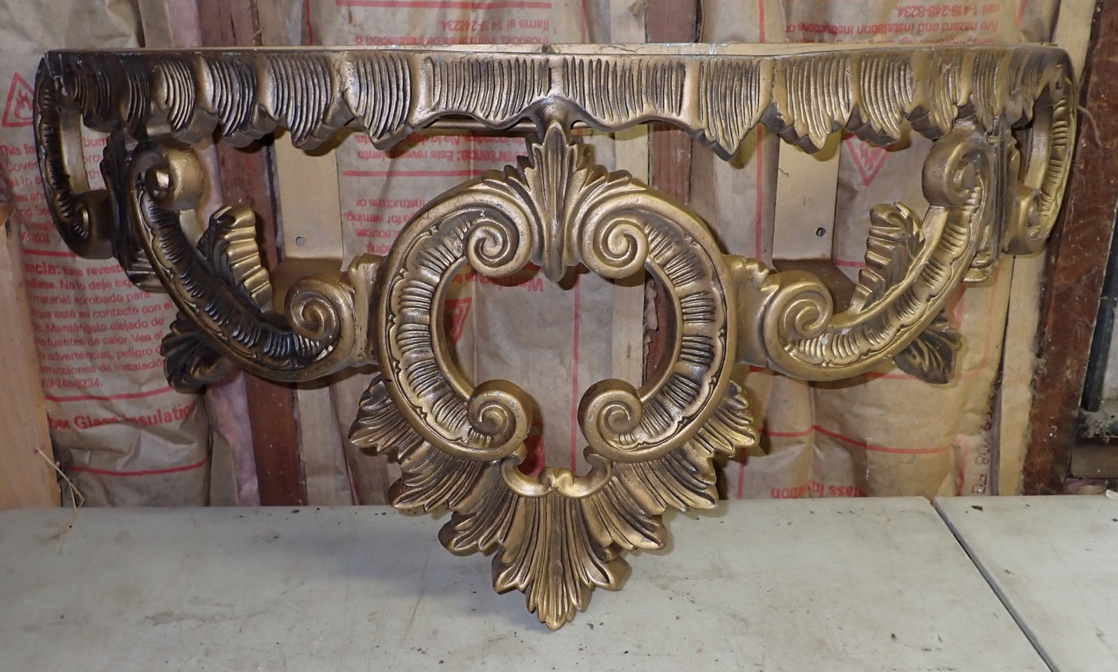 Aluminum Wall Shelf w/ Brass Finish: Approx 9 1/4" x 34" x 16" tall. NO SHIPPING !