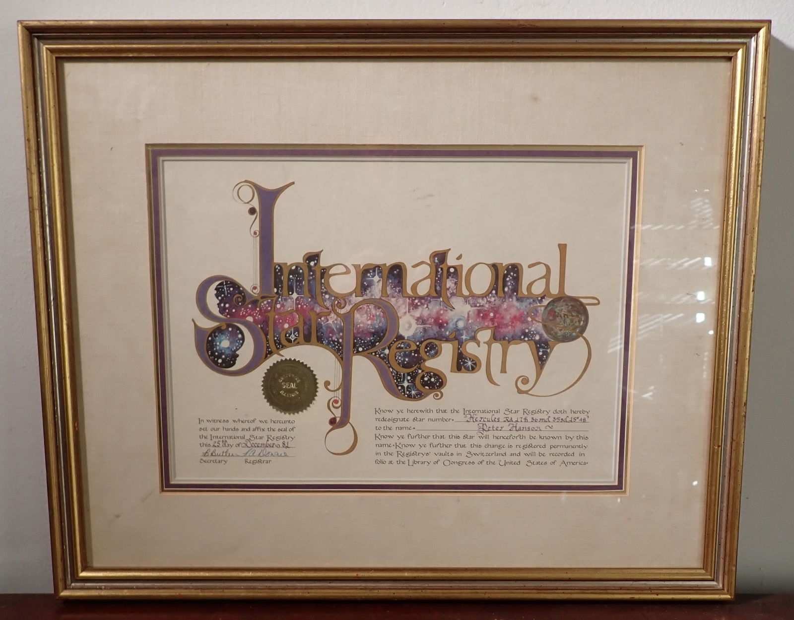 Peter Hanson International Star Registry Certificate (1 of 4)