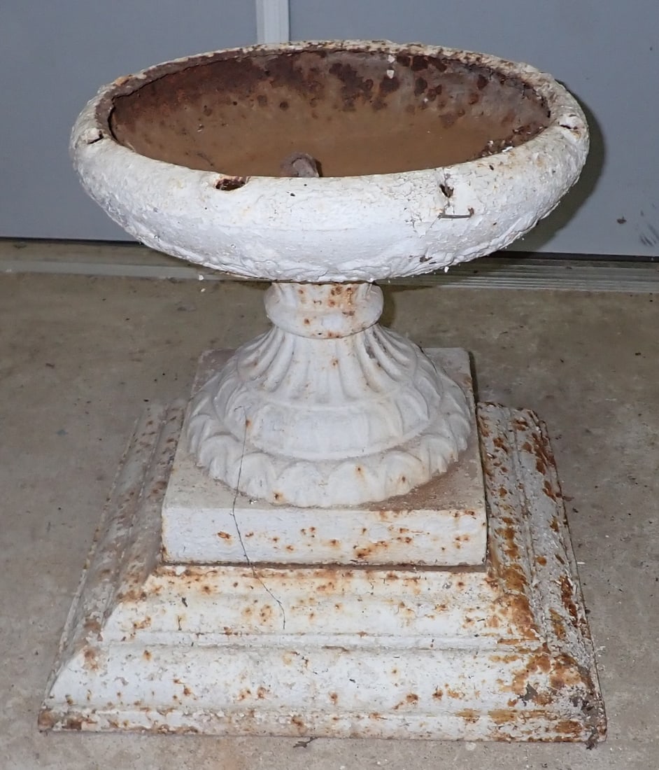 Cast Iron Urn / Fountain Parts: Base is approx 20 1/2" x 20 1/2" . Total height is approx 19 1/2" tall. No shipping.