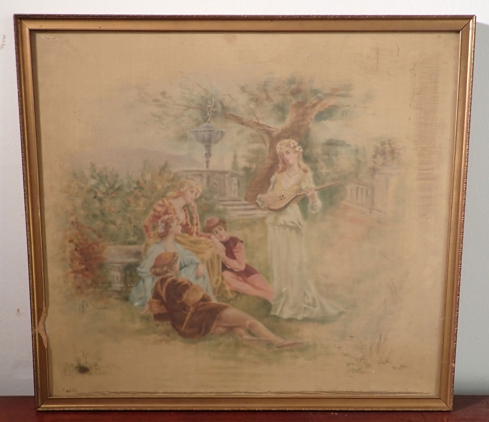 Framed Fisher Silk Tapestry: Approx 23" x 25 1/4". If shipping is needed , contact UPS Store 5528 to get a quote before bidding