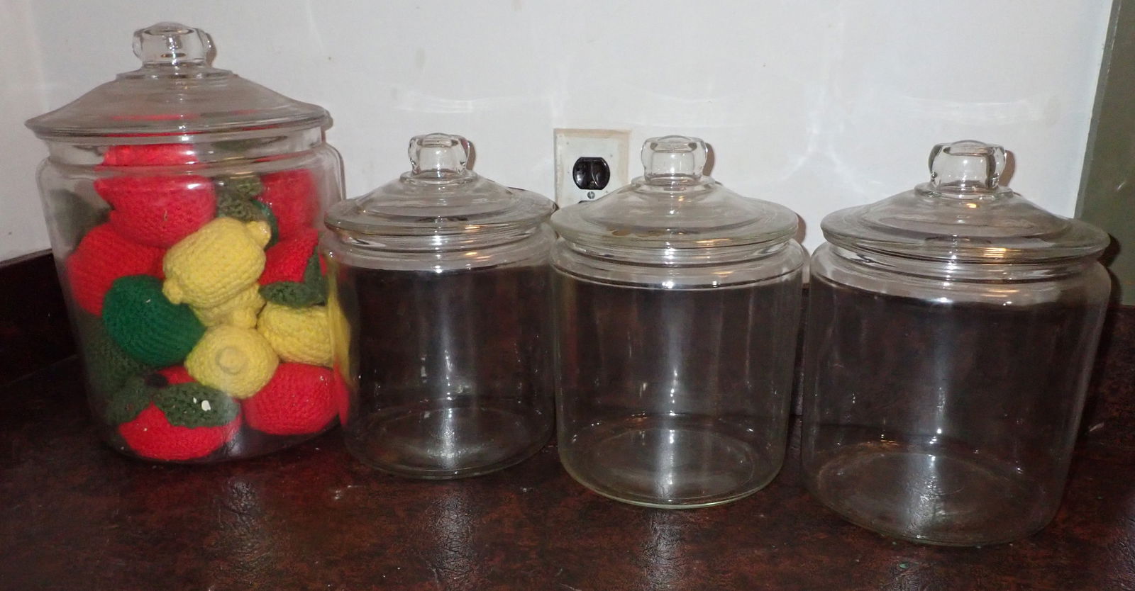 4 Biscuit Jars: Largest is apprx 9" in diameter and 13 1/4" tall. NO SHIPPING !