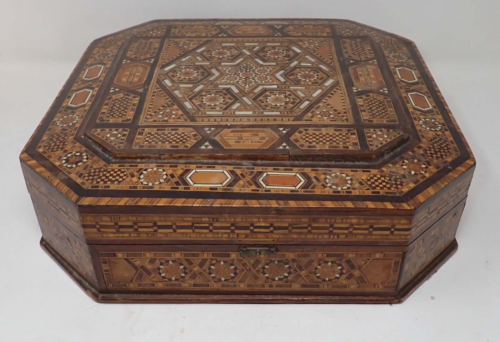 Ornate Marquetry Box: Apprx 11 5/8" x 11 5/8" x 3 3/4" tall.