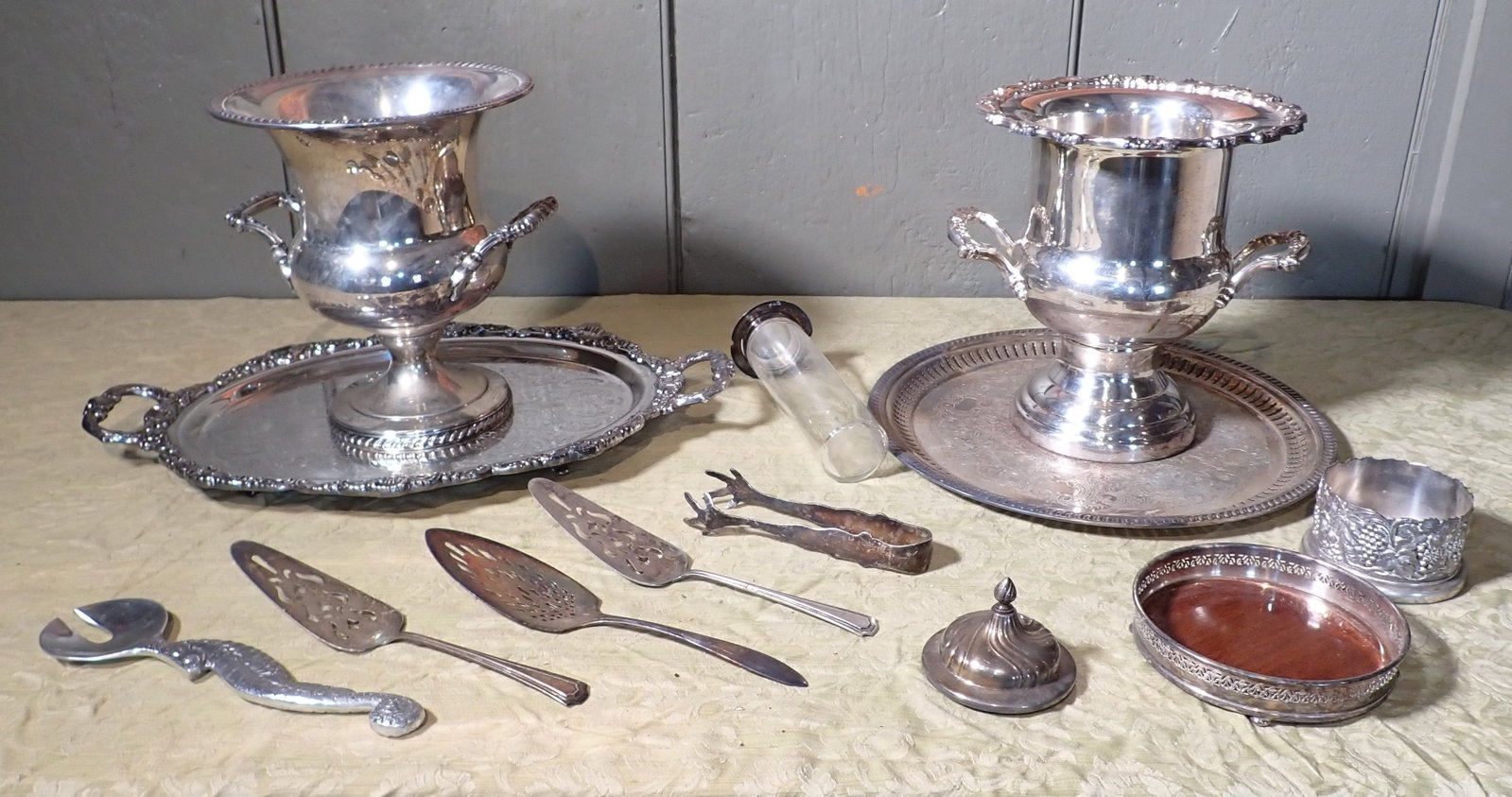 Silverplate Wine Coolers Trays & Misc: Cooler on left is apprx 9" in diameter and 10 1/2" tall. NO SHIPPING