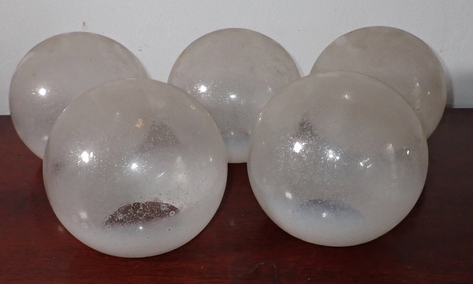 Set of 5 Frosted Shades: Approx 7" in diameter. Fitter is approx 3 3/4" in diameter. NO shipping !