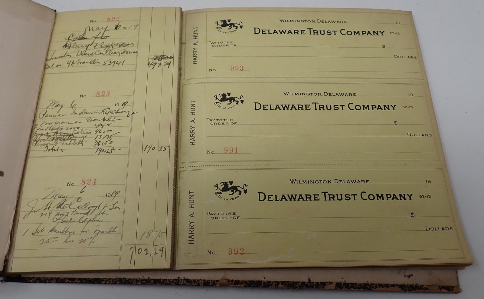 1919 Harry Hunt Delaware Trust Checkbook: Book is approx 9 1/4" x 14" . Approx 46 sheets of checks.