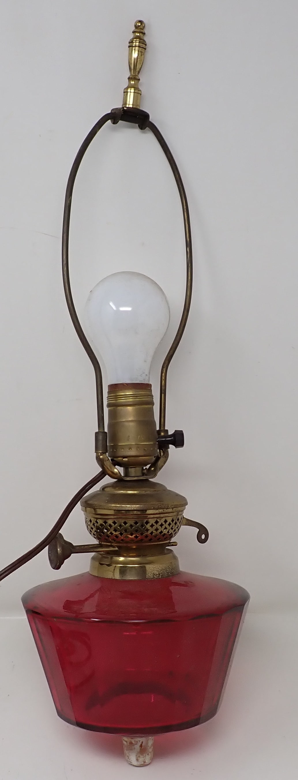 Cranberry Glass Oil Lamp: Apprx 6 1/2" in diameter and 21" total length