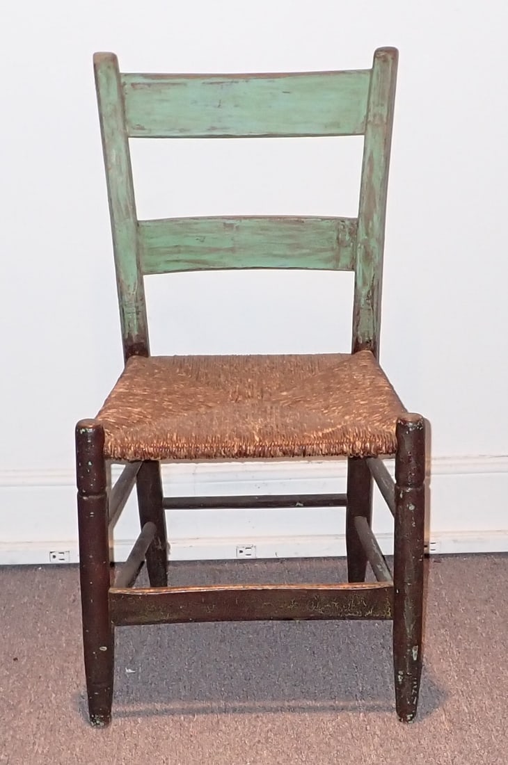 Rush Seat Chair in Green Paint: Approx 17" wide, 16 1/2" to seat, 13 1/2" deep, 32 1/2" tall. NO SHIPPING !