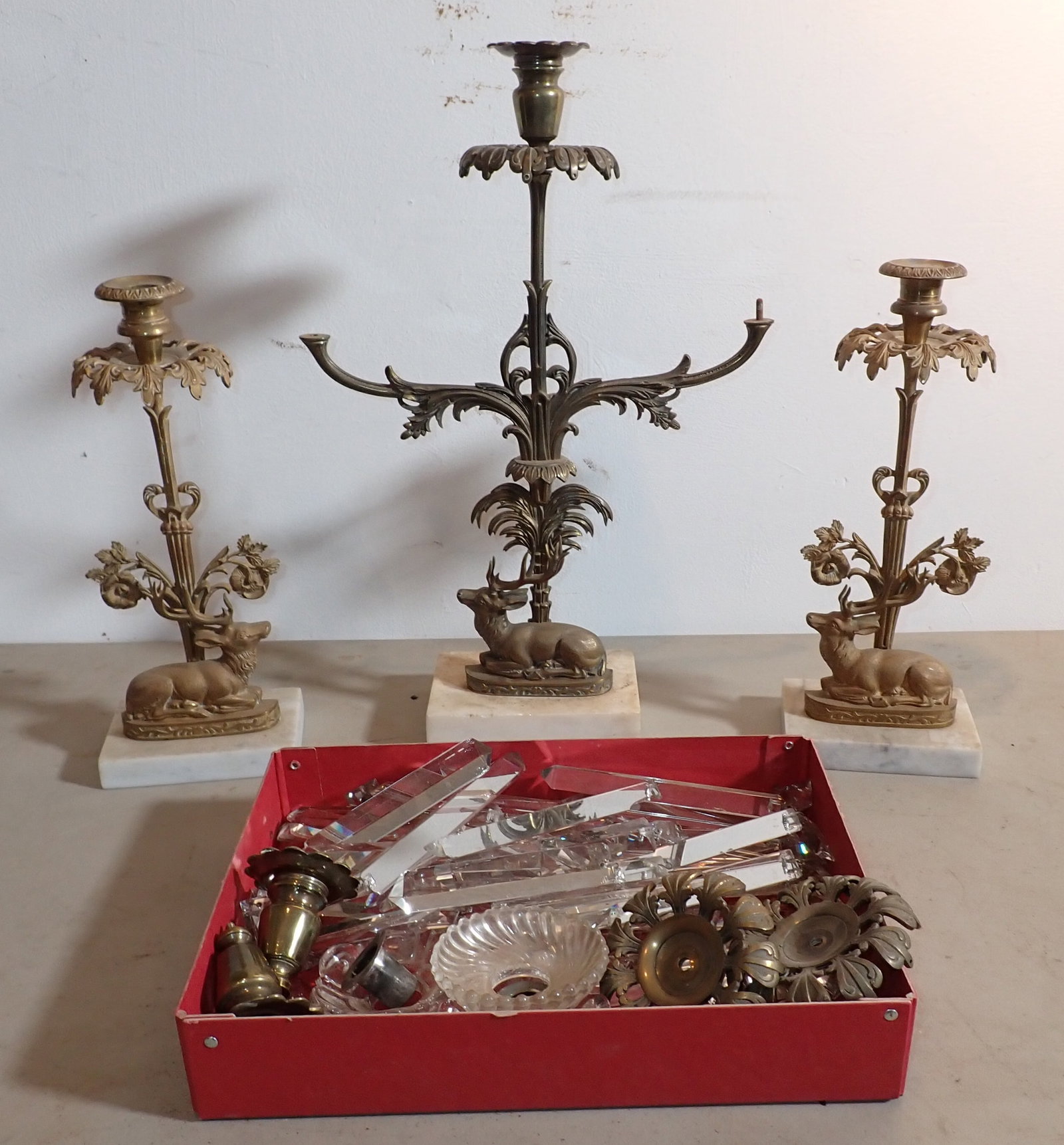 Brass Elk Candle Sticks: Center one is approx 18 1/4" tall. Center one does not match the end ones. No shipping !