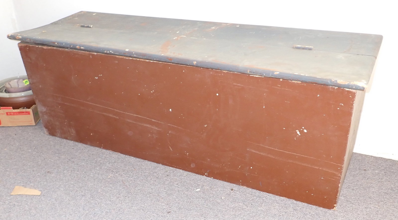Wood Box w/ Blue Paint Top: Approx 18 3/8" x 56 1/4" x 19 1/2" tall. No bottom or back. No shipping ! Bring help to remove