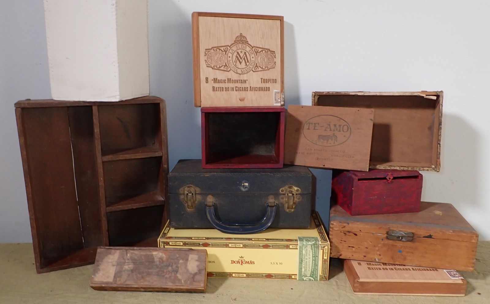 Wood Boxes: Divided Box / tray on left is approx 2 3/4" x 9 5/8" x 12".