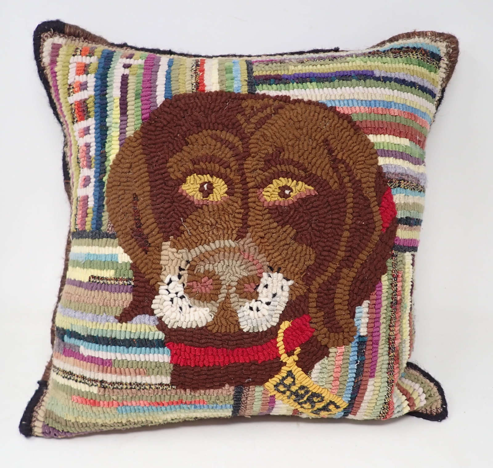Hooked Pillow w/ Dog: Apprx 15 1/2" x 15 1/2"