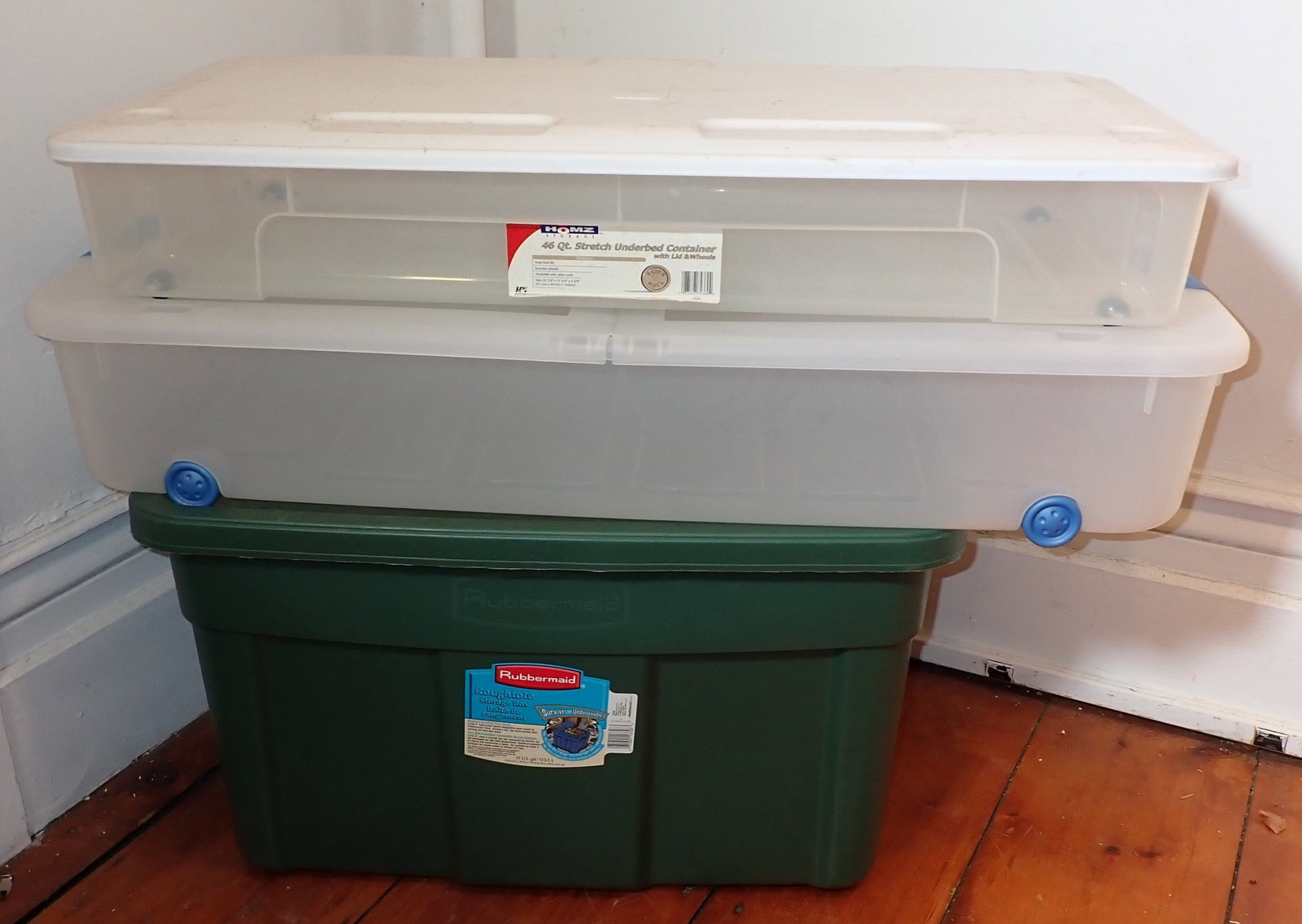 Plastic Totes: Green Rubbermaid is 31 gallon. NO shipping