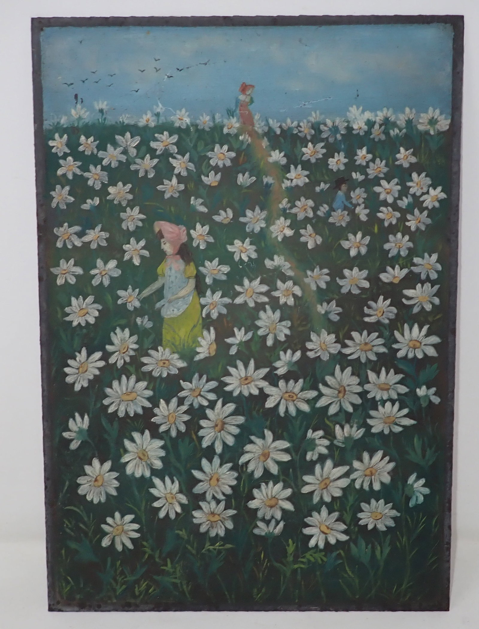 Folk Art Daisy Field Oil on Slate Painting: Apprx 9 1/2" x 13 1/2"