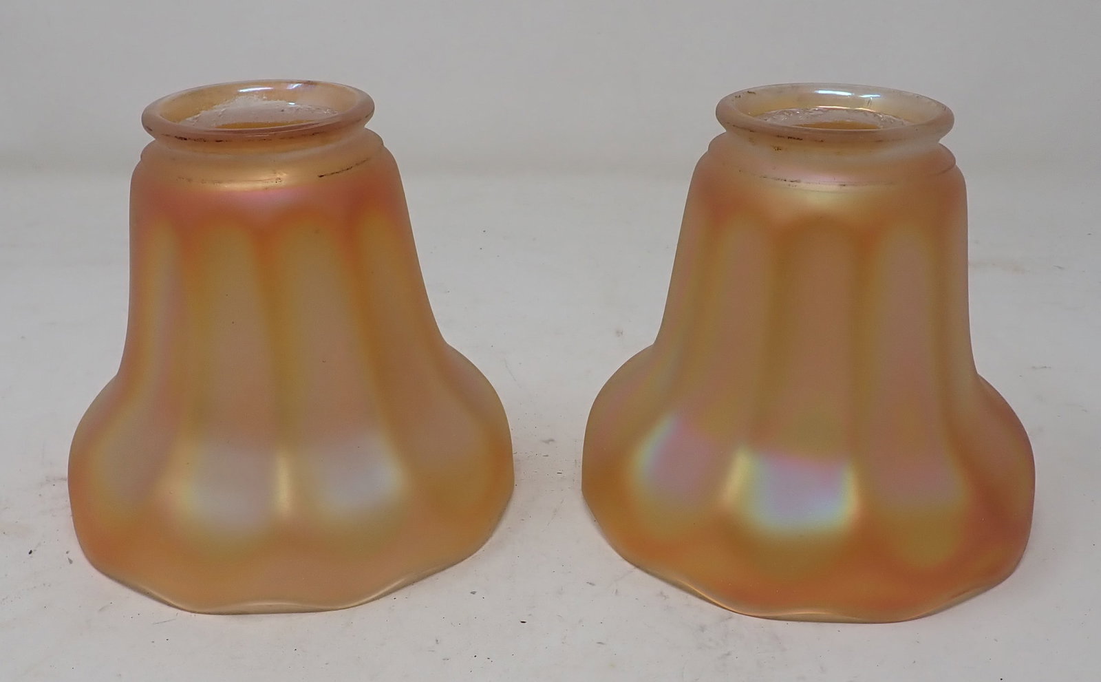 Pair of Carnival Glass Shades: Approx 4 7/8" in diameter , 4 1/2" tall. Fitter is apprx 2 1/4" in diameter