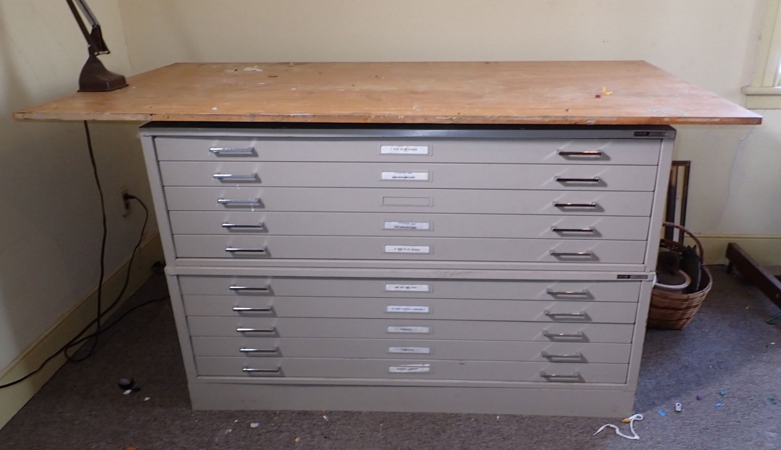 2 Mayline C-File Art / Blueprint Cabinets: Each cabinet is apprx 41 1/2" x 53 3/4" x 19 1/4" tall. Top is approx 41" x 72" ( not fastened ) Just sitting on top of cabinets . Lamp and items in drawers are also included. No shipping ! Buyer to b