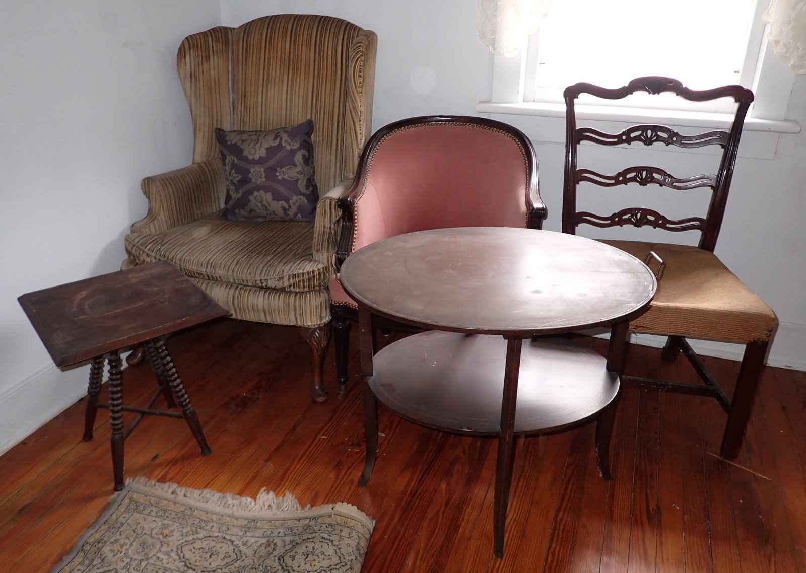 Chairs , Rug, and Plant Stand: Mirror is also included ( damaged). Rug is not included. Take what you want and leave the rest. If you are taking the wing chair, you will need to bring someone with you to remove from the second floo