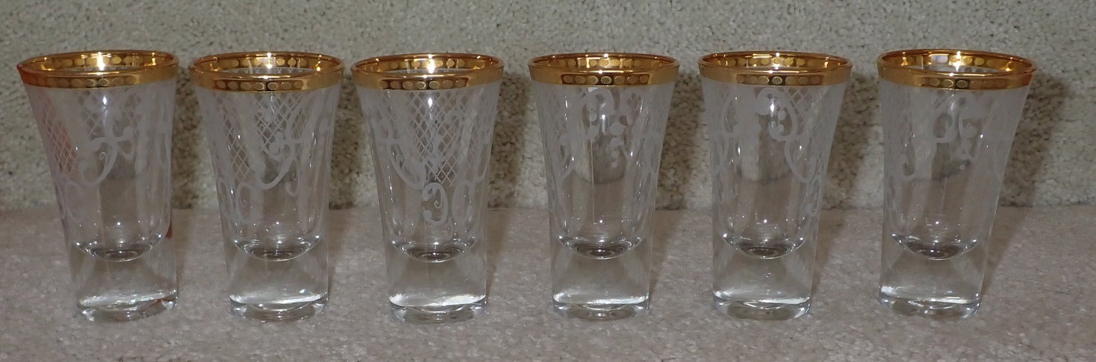 6 Etched Shot Glasses w/ Gold Trim (1 of 2)