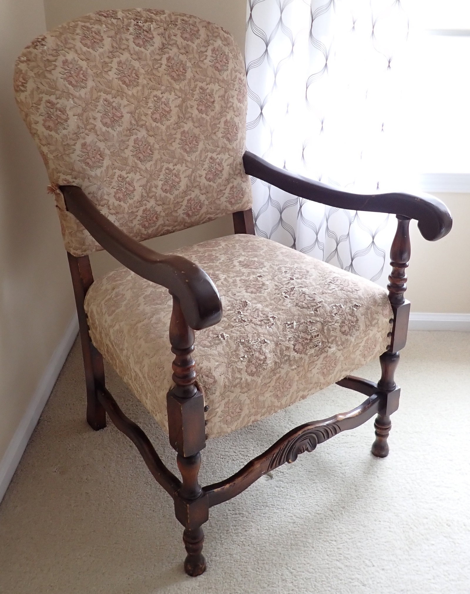 French Arm Chair: Apprx 23" wide, 17 1/2" to seat, 17 1/2" deep, 36" tall.