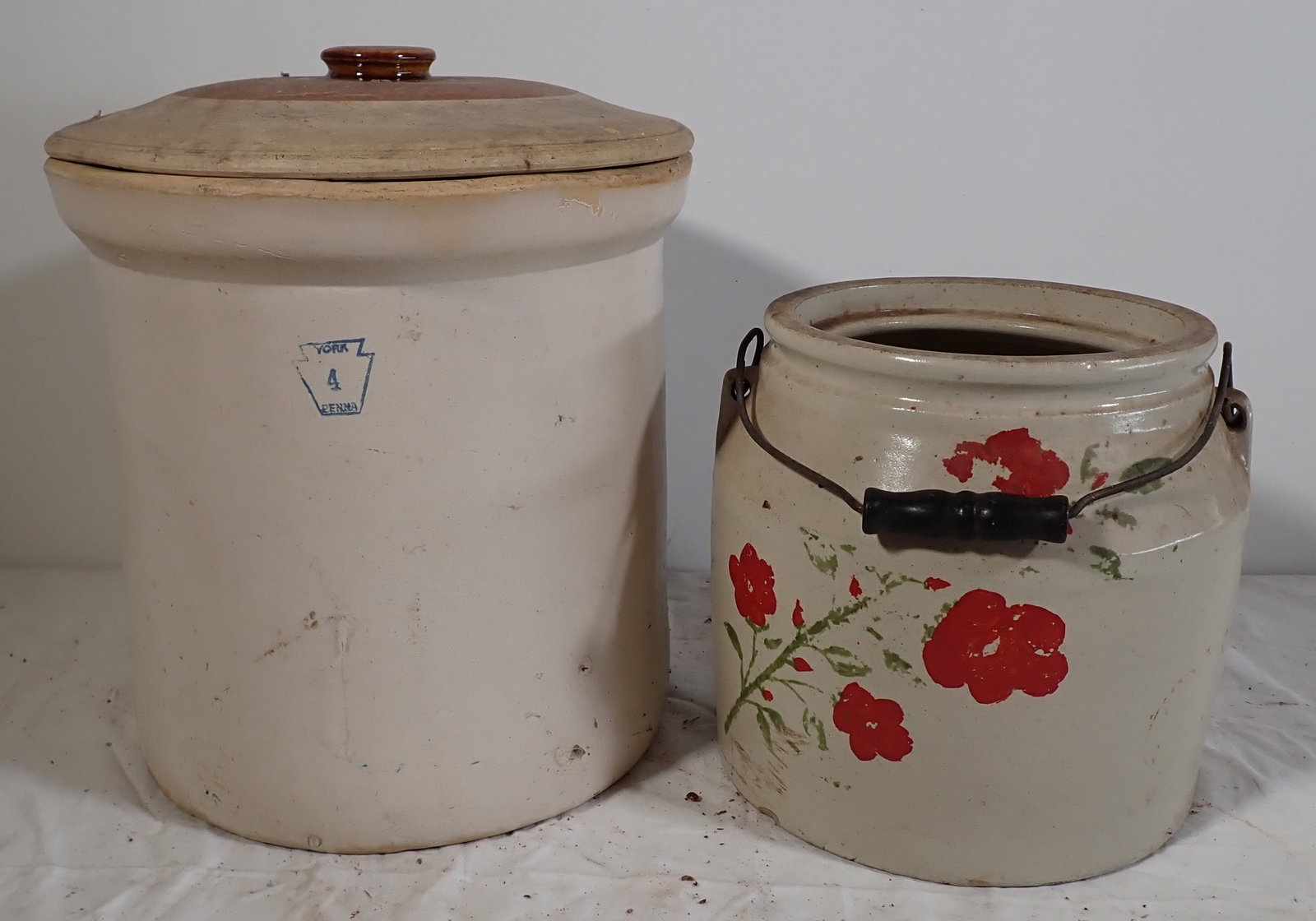 Stoneware Crocks: Largest is apprx 11 5/8" in diameter, 11 1/2" tall.