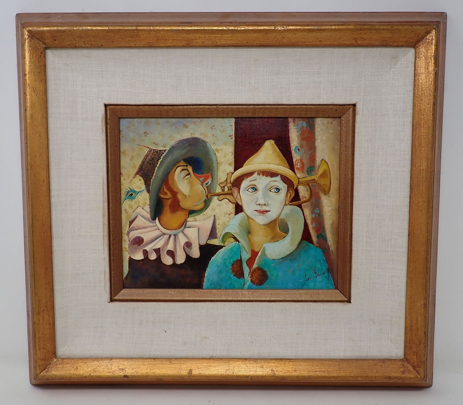 Clown w/ Instrument Signed Oil on Board Painting (1 of 4)