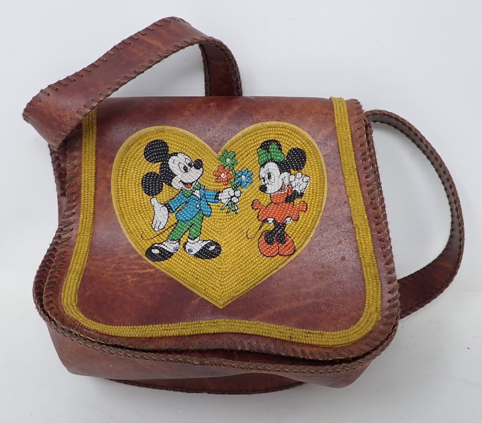 Walt Disney Mickey Minnie Mouse Leather Beaded Purse: Beaded leather purse is approx 6 1/4" x 8".