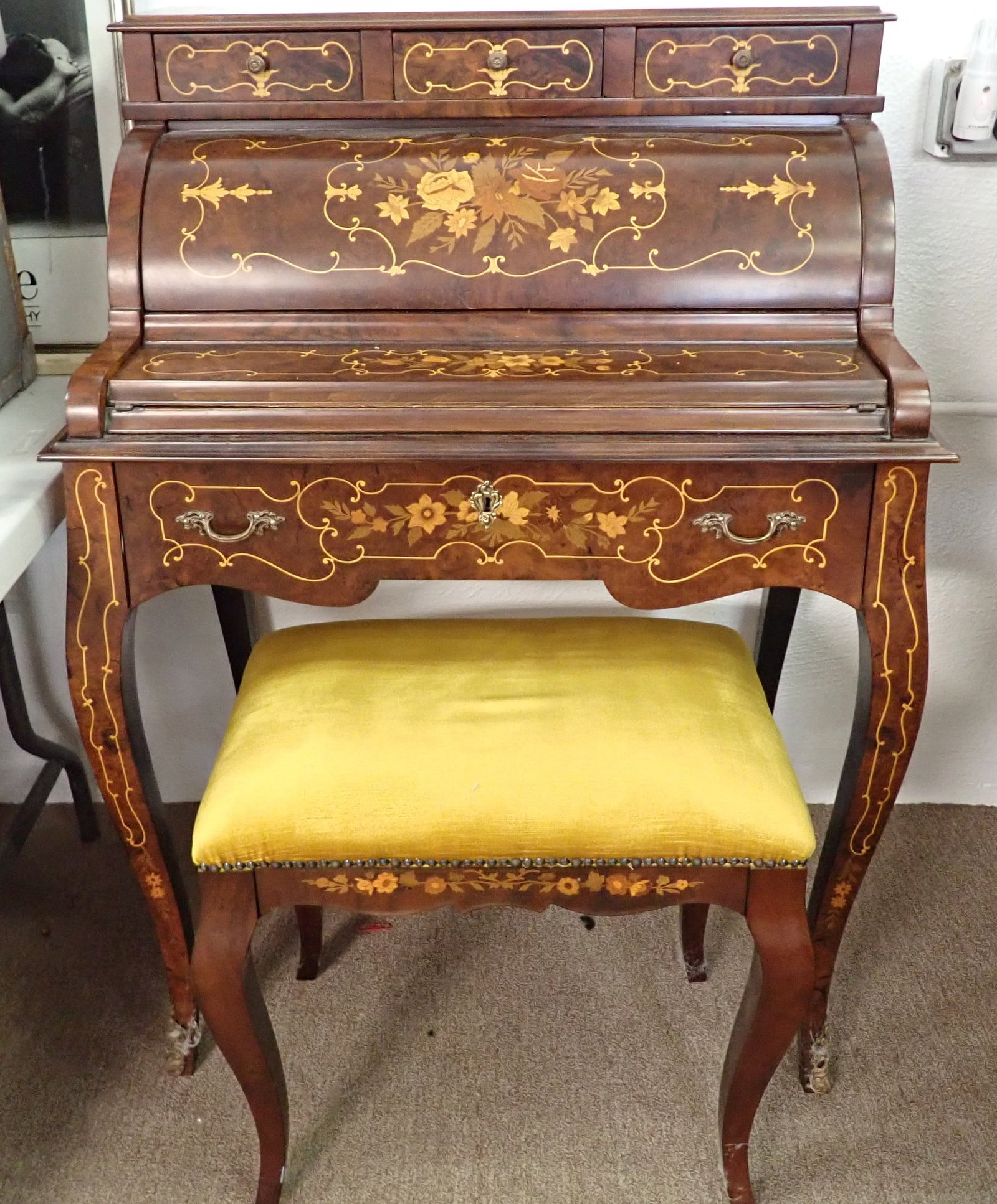 Ladies French Marquetry Cylinder Desk w/ Bench (1 of 14)