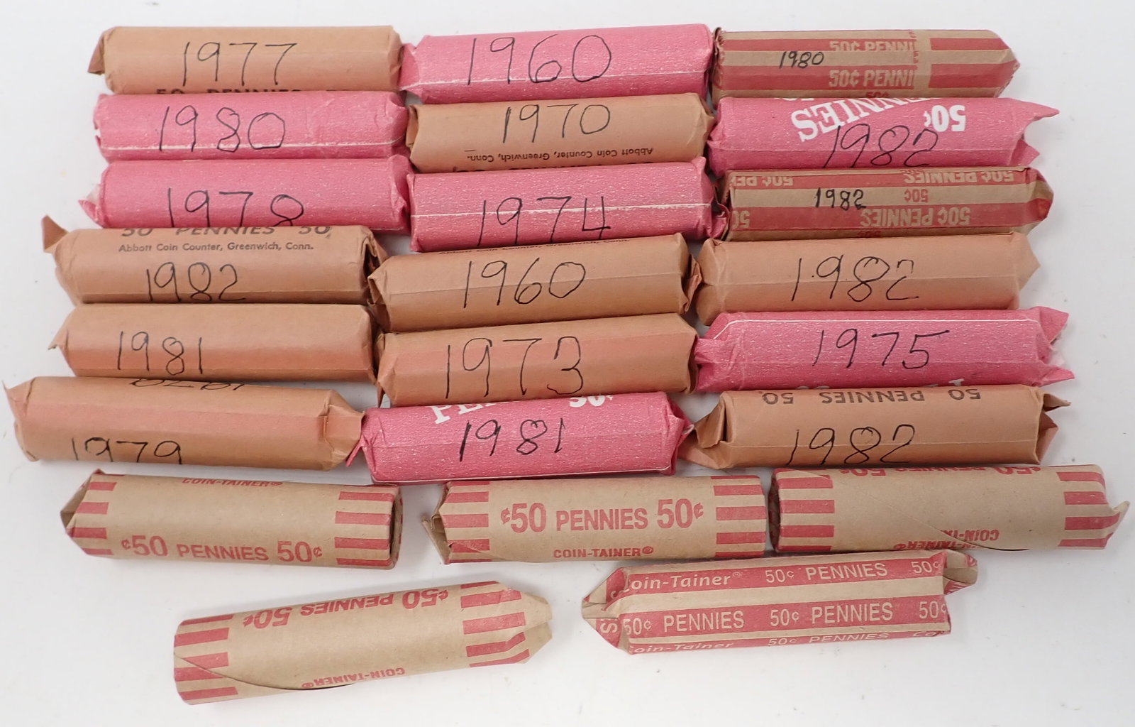 23 Rolls of Pennies: These are out of an estate. We do not guarantee the correct years are written on rolls or if rolls are complete. Sold as pictured