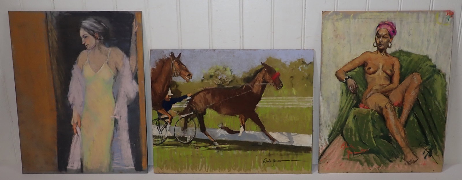 Rhoda Yanow Pastels Horse Racing Nude & Portrait: One on left is approx 11" x 14" and is not signed.