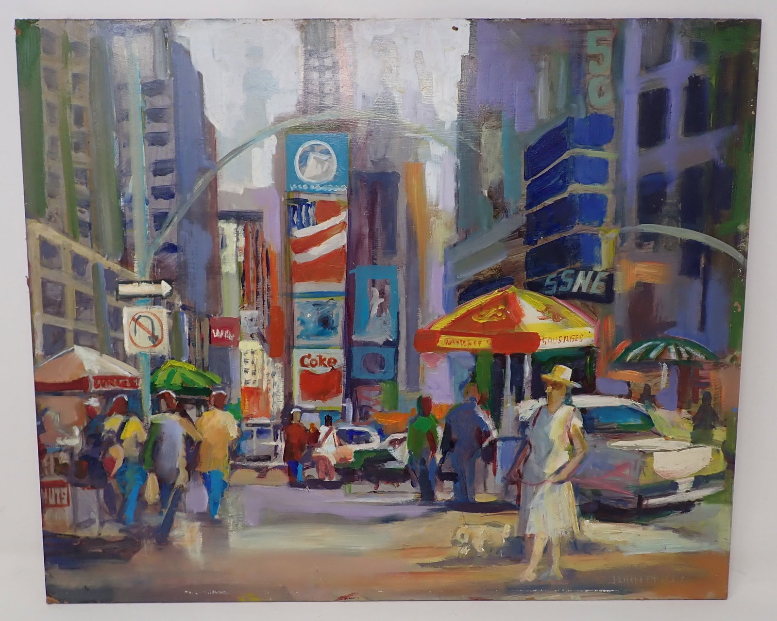 John Reilly Manhattan Oil on Board Painting: NYC Manhattan , signed oil on board painting is approx 16" x 19 1/2".