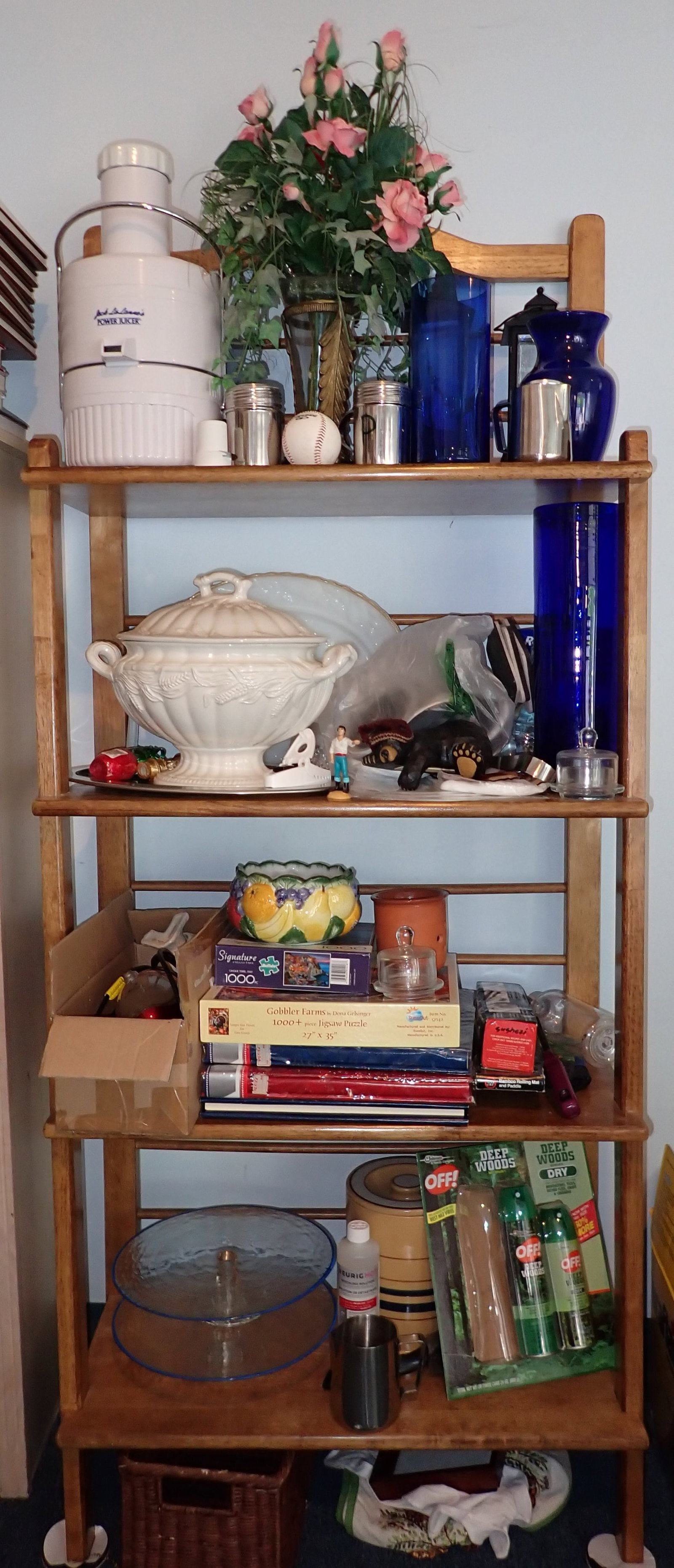 Shelf & Contents: Shelf is appro 14" x 30" x 71" tall. This lot includes the shelf and everything on it. Does not include anything else in photos. Take what you want and leave the rest. NO SHIPPING !