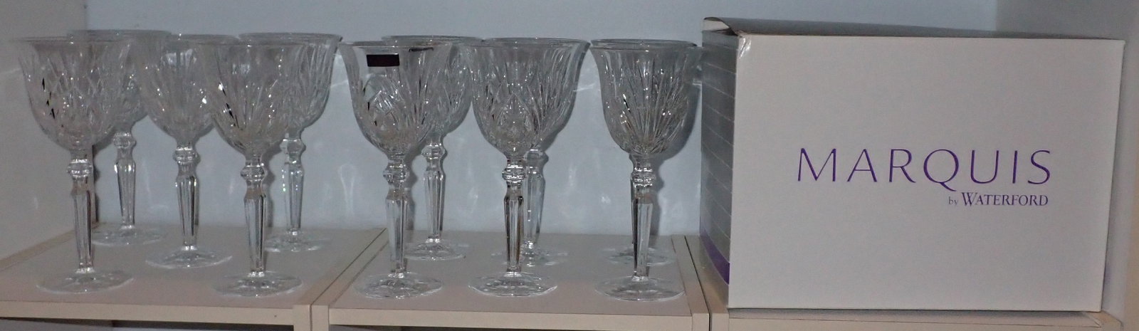 11 Marquis Waterford Newberry Goblets: Approx 3 5/8" in diameter and 8" tall.