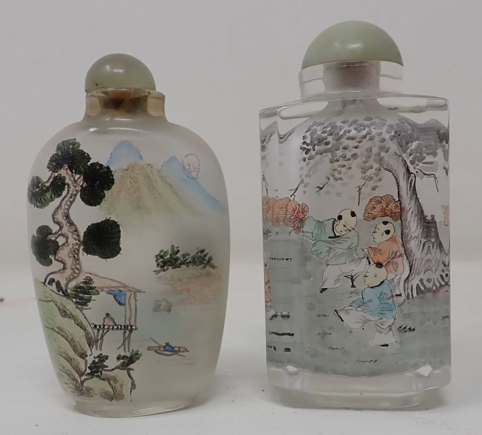 2 Chinese Snuff Bottles: Largest is approx 1 3/4" x 1 3/4" x 3 5/8" tall.
