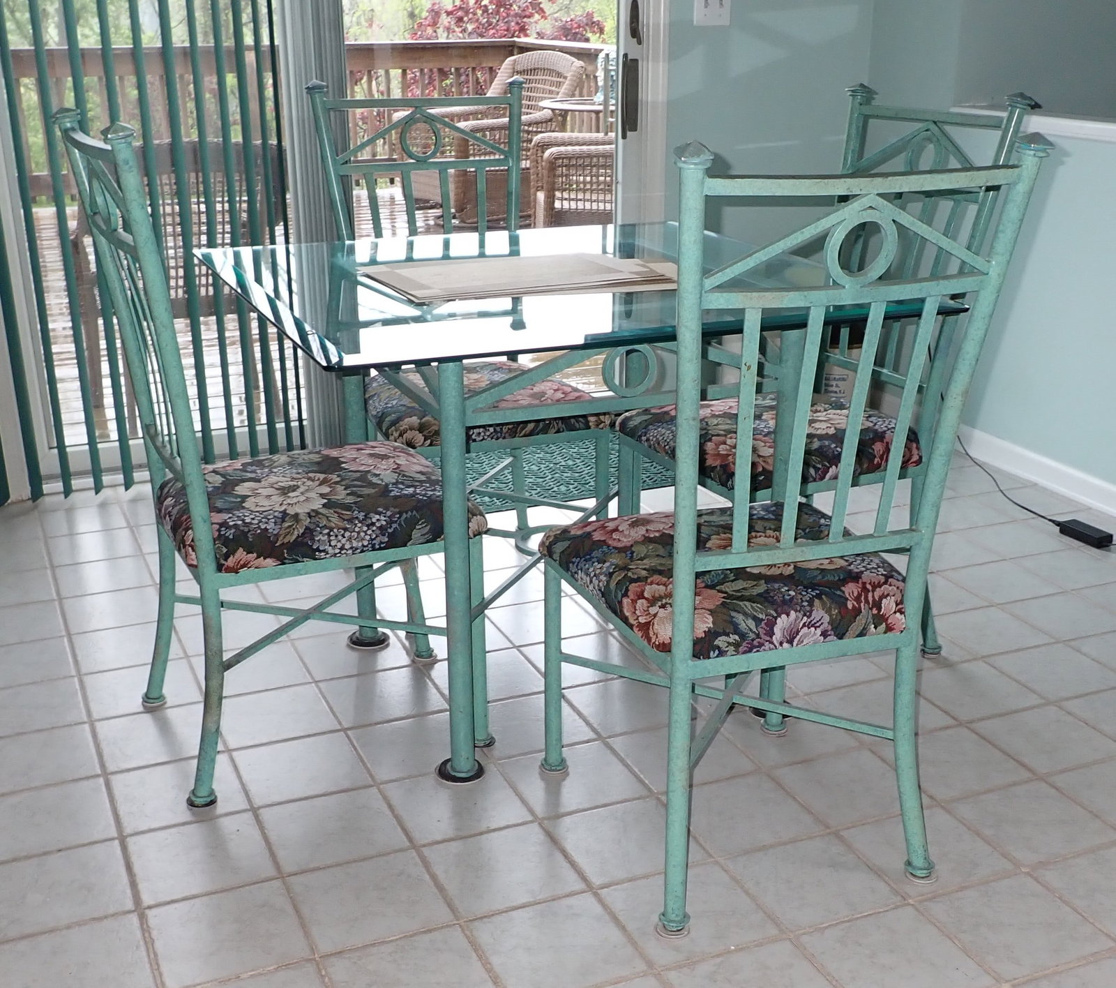 Iron with Glass Top Dining Set: Table is approx 40" x 40". Pick up AFTER 1pm only . No shipping ! Bring help to remove !!