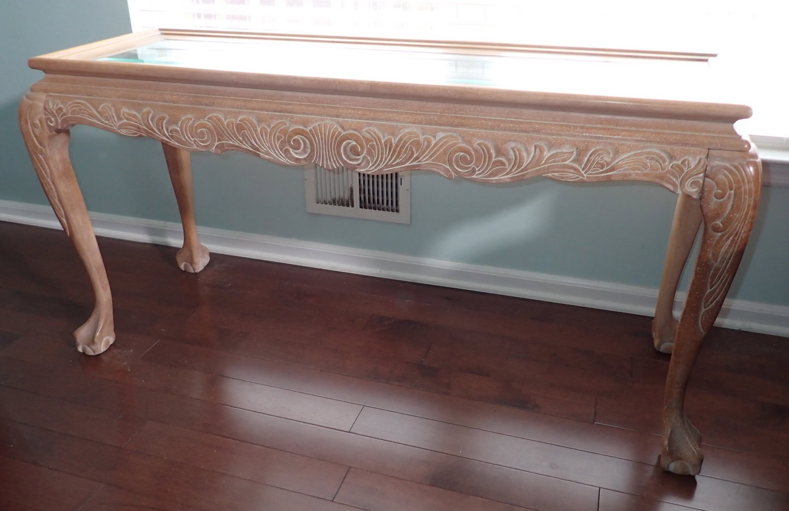 Console Table w/ Ball & Claw Feet: Apprx 18" x 52" x 26 1/4" tall. No shipping ! Must bring help to remove !