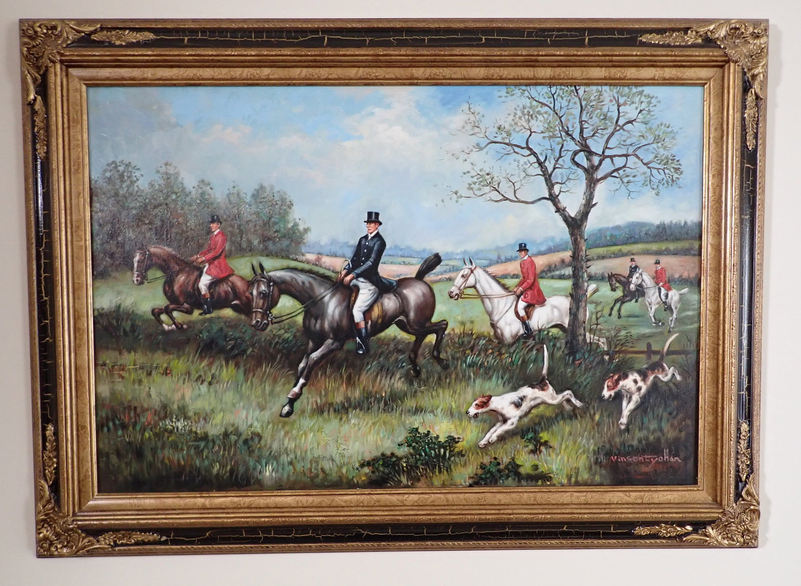 Signed Fox Hunt Oil on Canvas Painting (1 of 3)