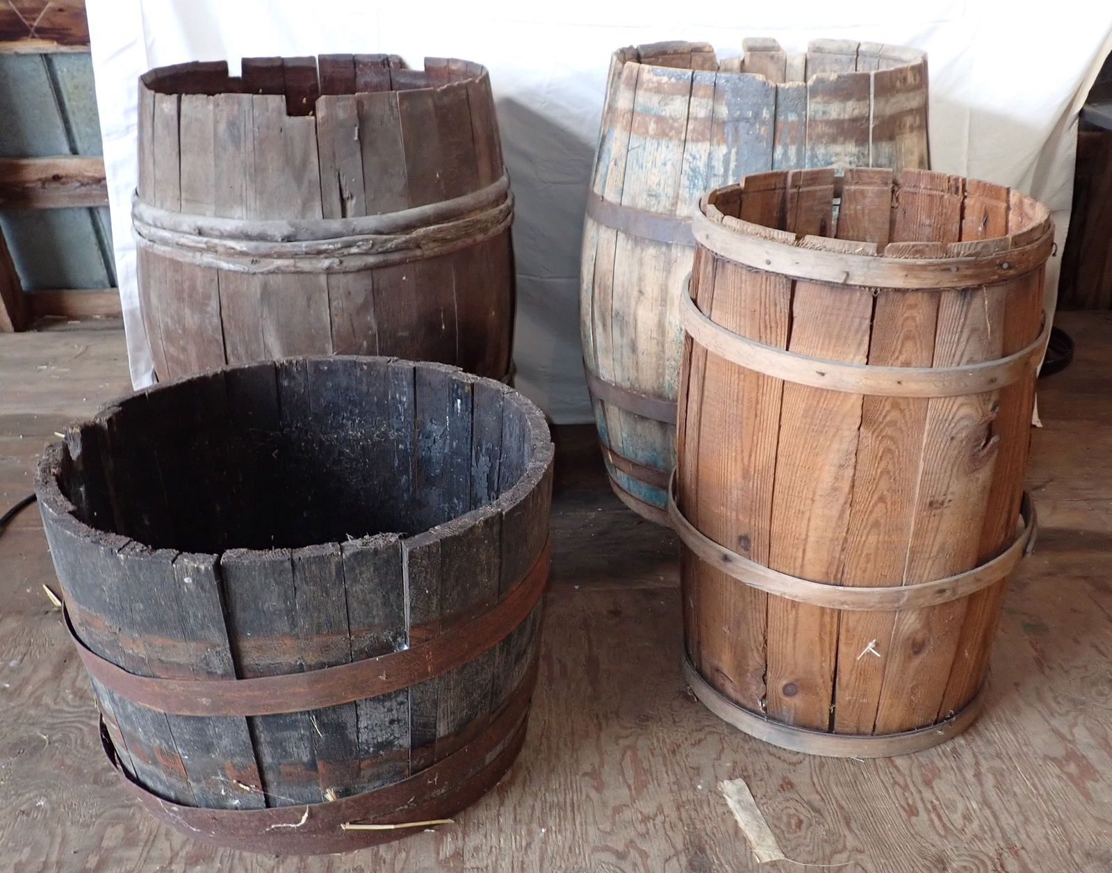Wooden Barrels: Back right one is approx 23" in diameter and 33 1/2" tall. NO shipping !