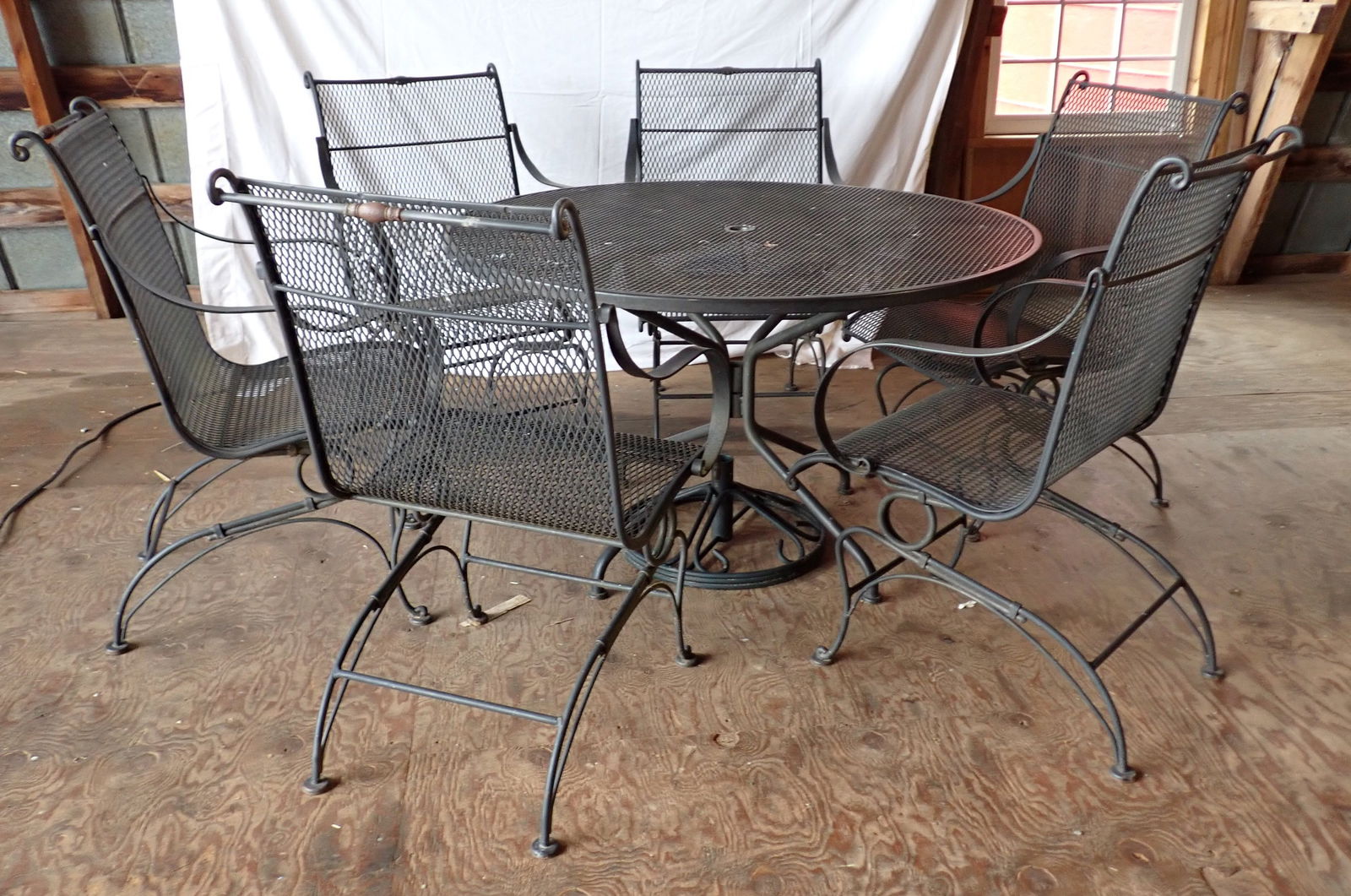 Metal Patio Set Table 6 Chairs & Umbrella Stand (1 of 5)