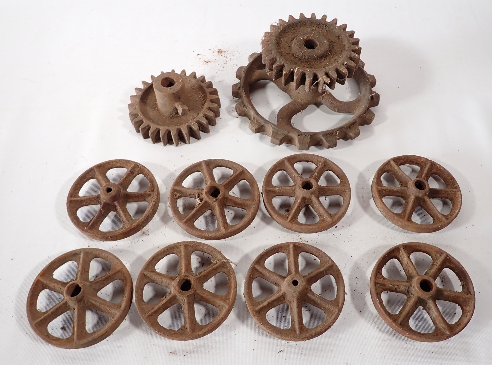Steel Gears & Wheels / Pulleys: Wheels in front are apprx 5" in diameter. No shipping