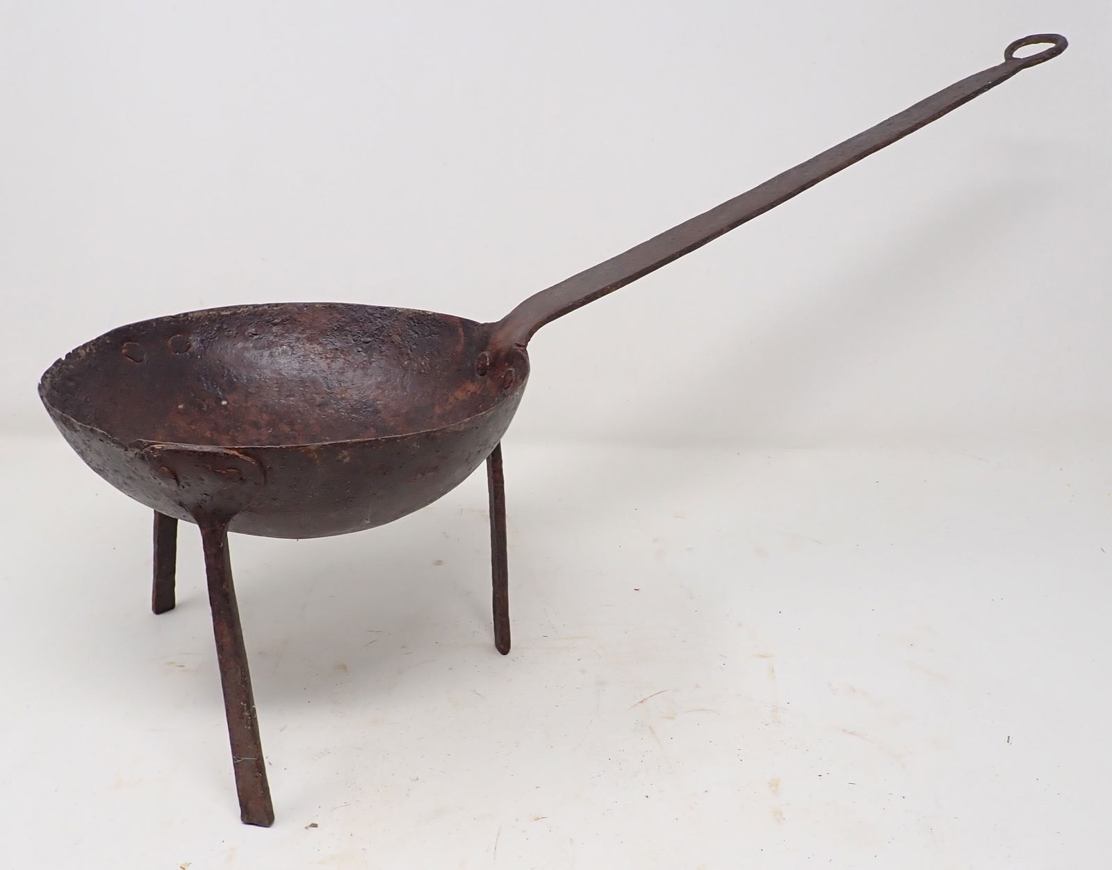 Footed Bowl w/ Wrought Iron Handle: Apprx 7 1/2" in diameter , 19 1/8" long, 6" tall to top of bowl