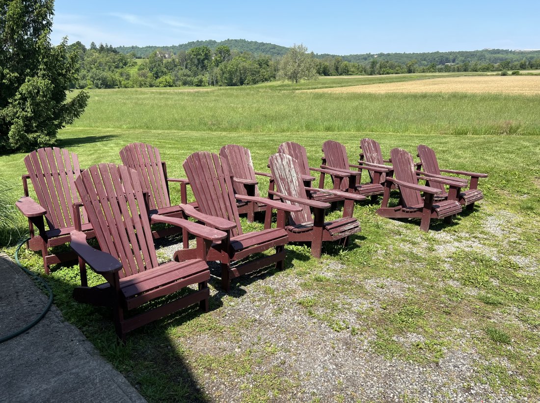 10 Adirondak Chairs: There are 11 in photo, but the wind got one and broke it. Buyer to pick up and remove at 9:30am. NO SHIPPING !