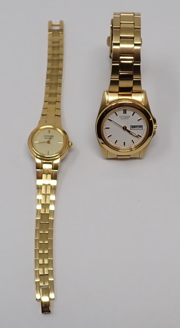 Two Lady's Citizen Wrist Watches: Both gold-tone, larger has an applied UPS logo containing three diamond accents, approx. 7" length; smaller has an approx. length of 6". Not tested for working condition.
