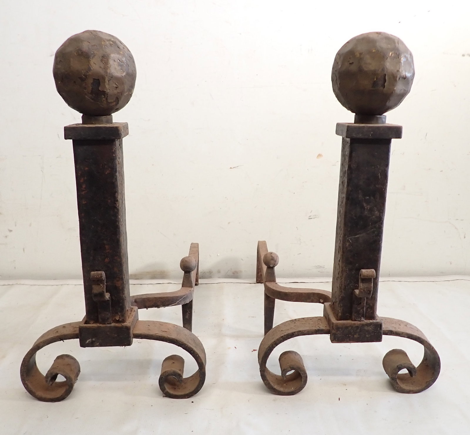 Arts & Crafts Style Andirons: Apprx 11 7/8" wide, 25 1/2" deep, 22 1/2" tall. NO SHIPPING !