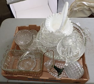 Milk Glass Basket & Misc Glassware