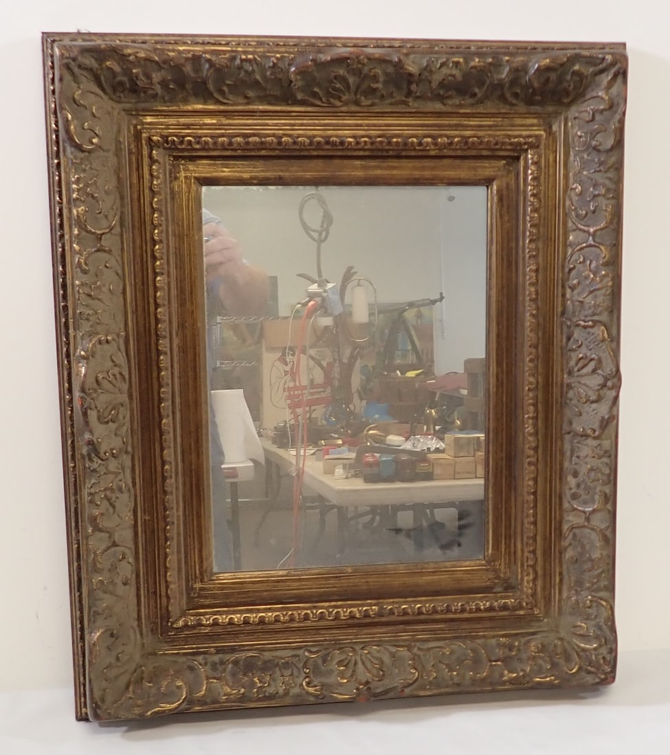 Gold Gilt Wall Mirror: Approx. 26 1/4" x 22". If shipping is needed, contact UPS Store 5528 to get a quote before bidding. There are no refunds because of shipping price.
