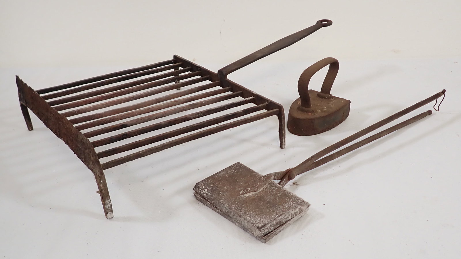 Fireplace Trivet Waffle Iron & Sad Iron: Trivet is approx 14 1/2" x 25" x 5 1/2" tall. NO SHIPPING !