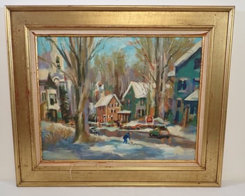 John Reilly Signed Town Winter Scene Oil Painting