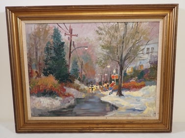John Reilly Shoveling Out Snow Scene Oil Painting