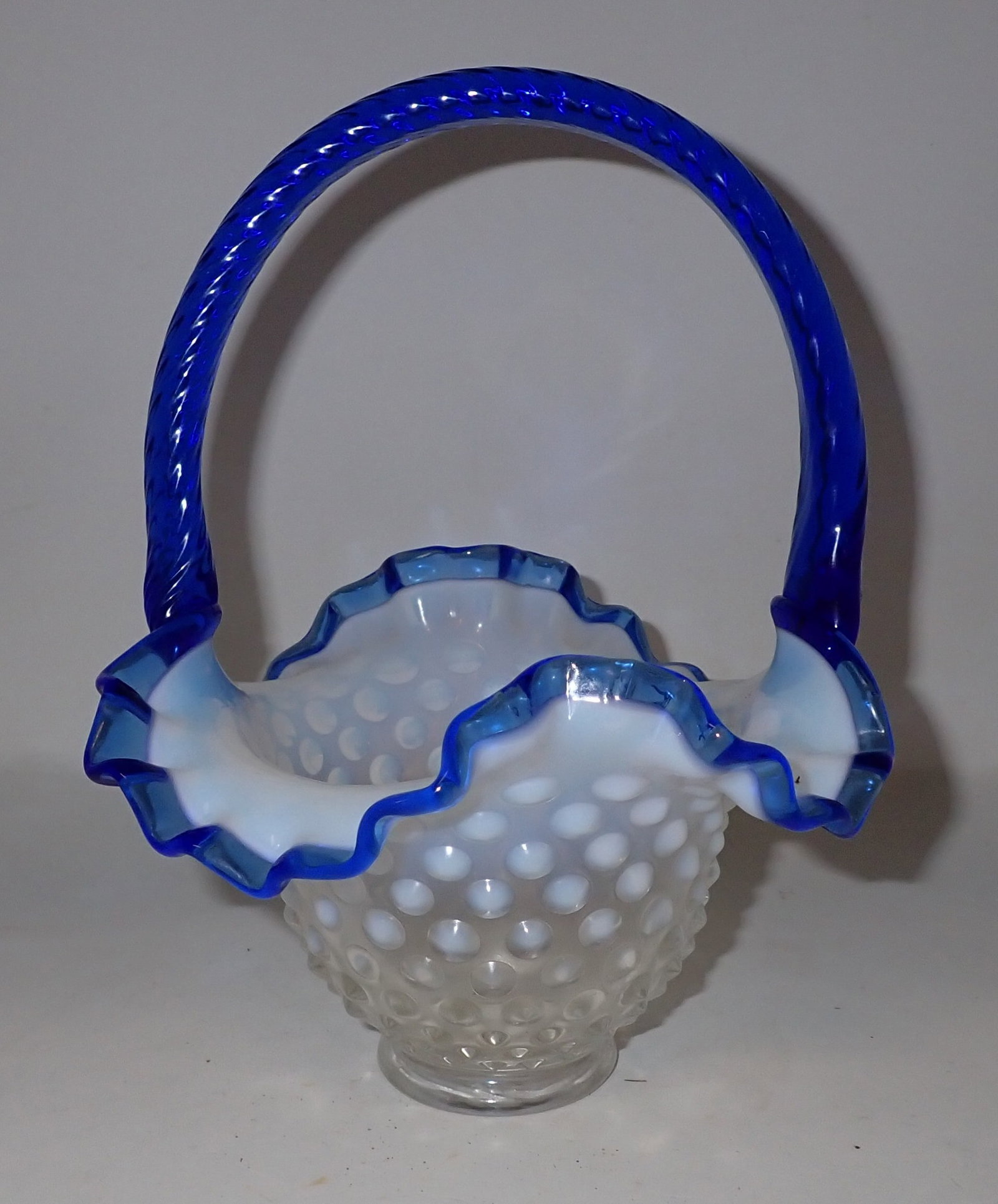 Hobnail Opalescent Glass Basket: Approx 6 1/2" x 7" x 8 3/4" tall.